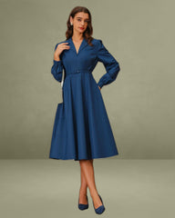 Blue V-Neck Belt Midi Dress