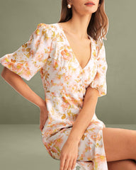 Orange Floral V-Neck Puffed Sleeve Maxi Dress