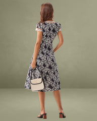 Black Floral Lace Trim Midi Dress