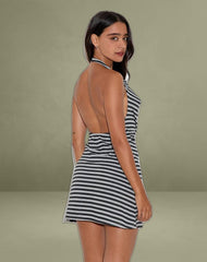 Pramita Halterneck Plunge Backless Mini Dress in Black and Grey Stripe