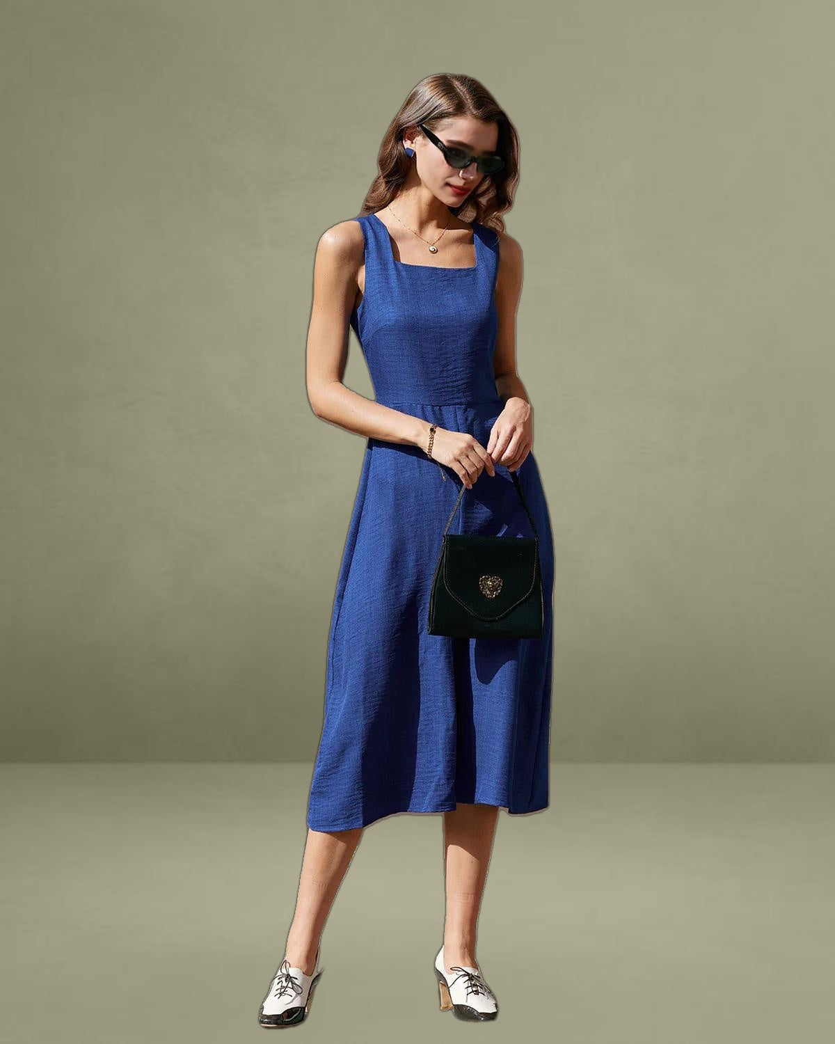 Blue Square Neck Pleated Sleeveless Midi Dress