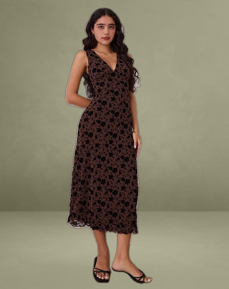 Gabriela Midi Dress in Garden Floral Brown
