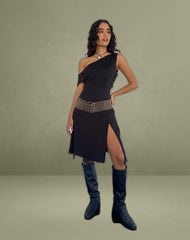 Carissa One Shoulder Chiffon Midi Dress in Black