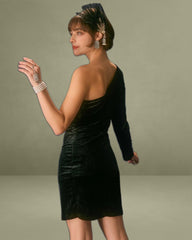 The Black One Shoulder Lurex Velvet Mini Dress