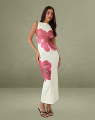 Fayola Printed Maxi Dress in Cream with Red Watercolour Flower