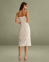 Beige Textured Beaded Slip Midi Dress