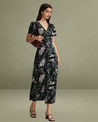 Black V Neck Floral Midi Dress