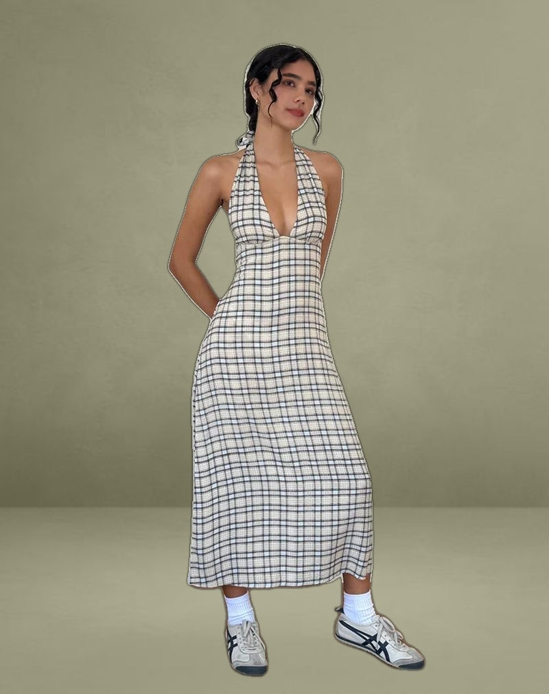 Lenata Halterneck Midi Dress in Pastel Blue Tartan