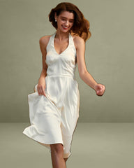 Apricot Halter Backless Satin Midi Dress