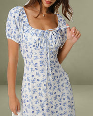 Blue Floral Square Neck Ruched Midi Dress