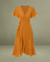 Yellow Polka Dot Ruffled Wrap Dress