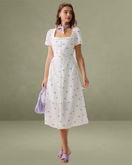 White Fruit Square Neck Midi Dress