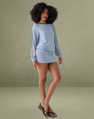 Carola Cut Out Arms Mini Dress in Shimmer Blue