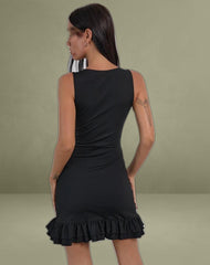 Jessa Ruffle Hem Buckle Strap Mini Dress in Black