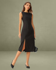 Black Boat Neck Slit Sleeveless Midi Dress
