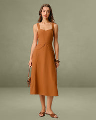 Caramel Sweetheart Neck Slip Midi Dress