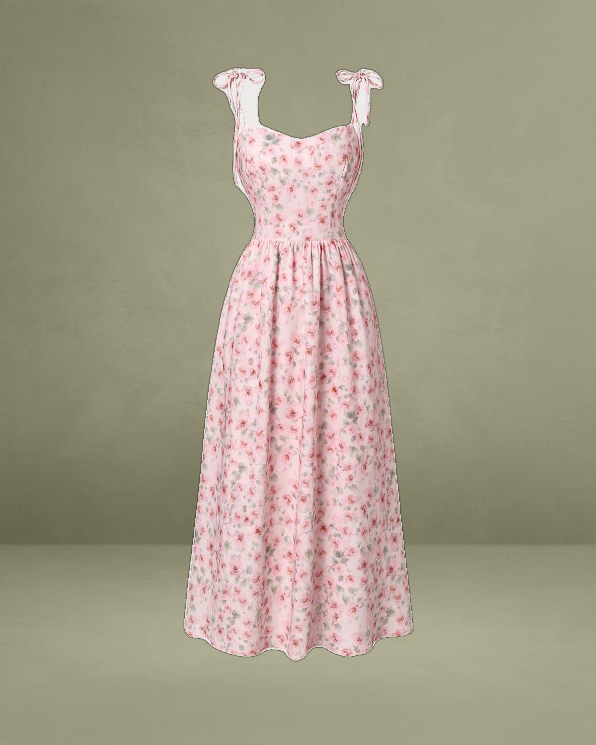 Pink Floral Shirred Slip Midi Dress