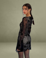 Sevila Long Sleeve Mini Dress in Black Rose Flock