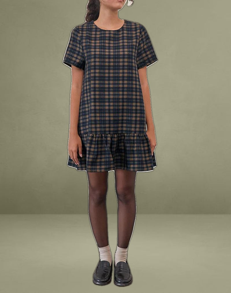Asterin Mini Smock Dress in Navy Mustard Check