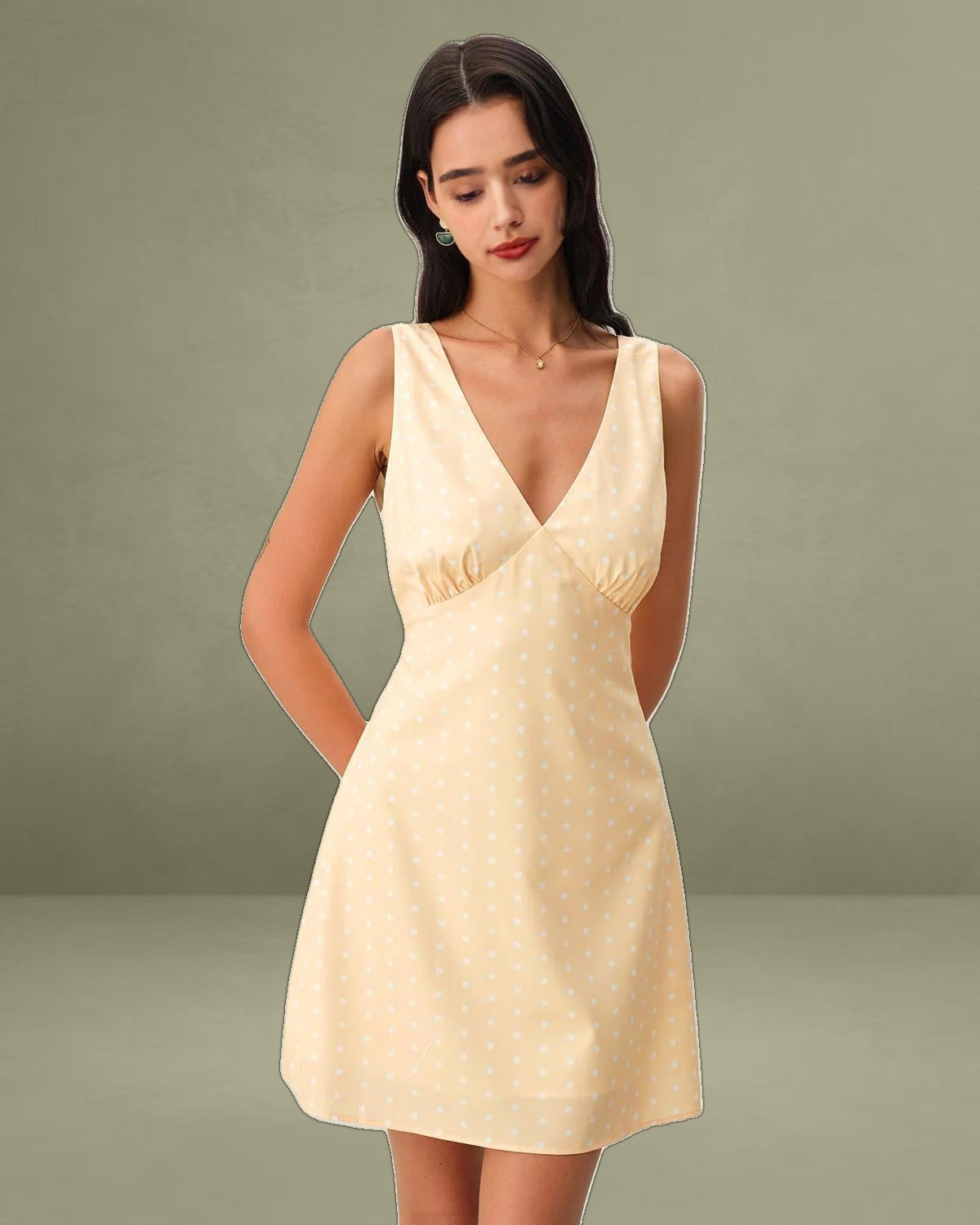 Yellow V Neck Polka Dot Sleeveless Mini Dress