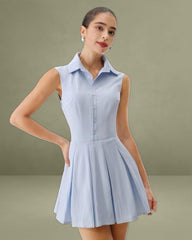 Blue Button A-Line Sleeveless Mini Dress