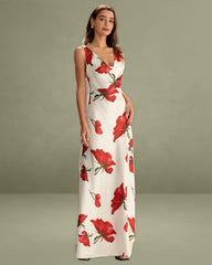 Red Floral Satin Slip Maxi Dress