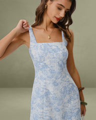 Blue Floral Square Neck A-Line Slip Mini Dress