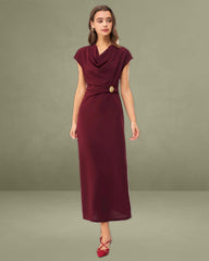 Wine Red Satin Boat Neck Maxi Dress