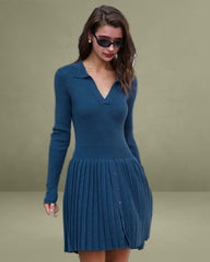Blue Button A-Line Sweater Dress