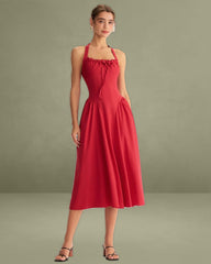 Red Ruched Halter Midi Dress
