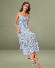 Blue Floral V Neck Shirred Slip Midi Dress