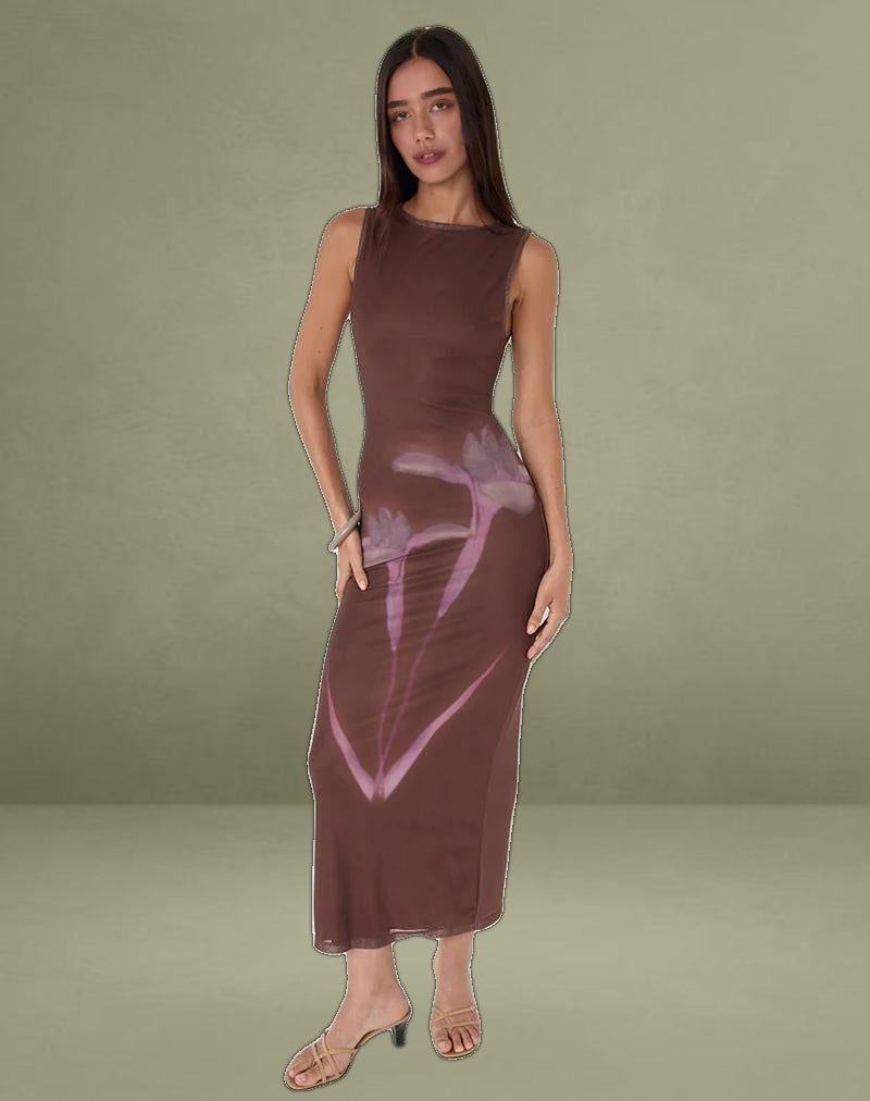 Fayola Maxi Dress in Blurred Floral Print Brown