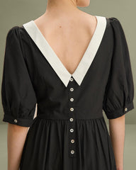 Black Contrasting Puffed Sleeve Maxi Dress