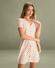 The Beige Polka Dot Button Mini Dress