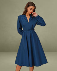 Blue V-Neck Belt Midi Dress