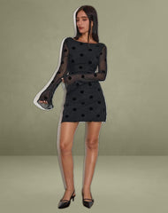 Dasa Long Sleeve Mini Dress in Big Polka Flock Black