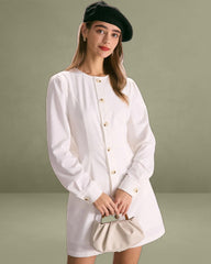 The White Round Neck Button Mini Dress