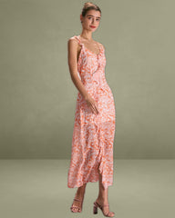 The Orange V Neck Floral Ruffle Maxi Dress