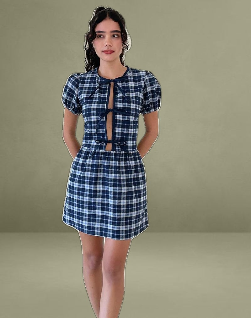 Byan Tie Front Dress in Tartan Dark Blue