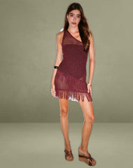 Meloka Asymmetric Fringe Mini Dress in Berry