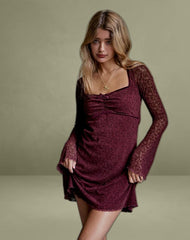 Luth Mini Dress in Ditsy Flocked Burnt Maroon