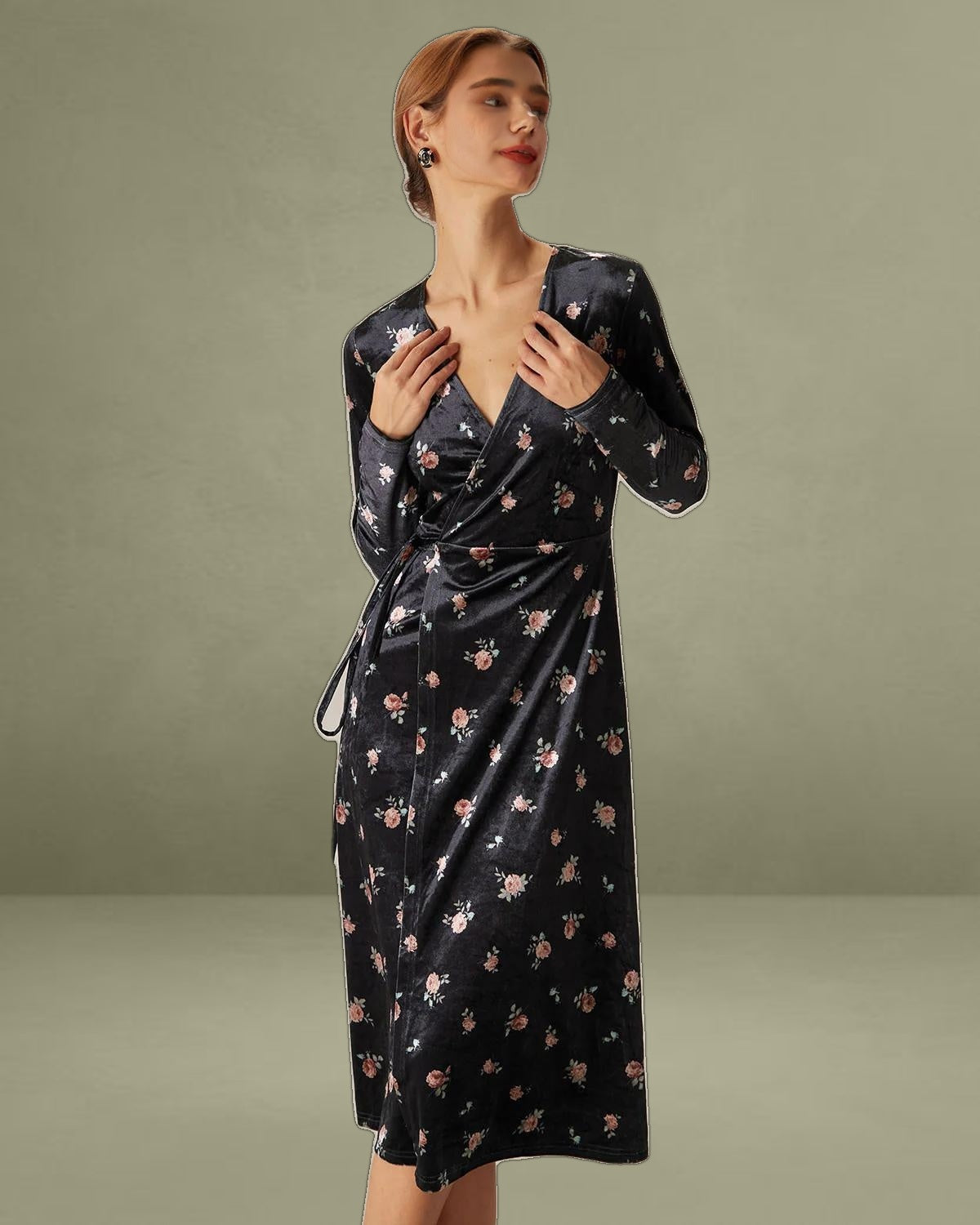 The Black V Neck Floral Velvet Wrap Midi Dress