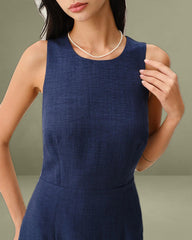 Blue Round Neck Zipper Sleeveless Mini Dress