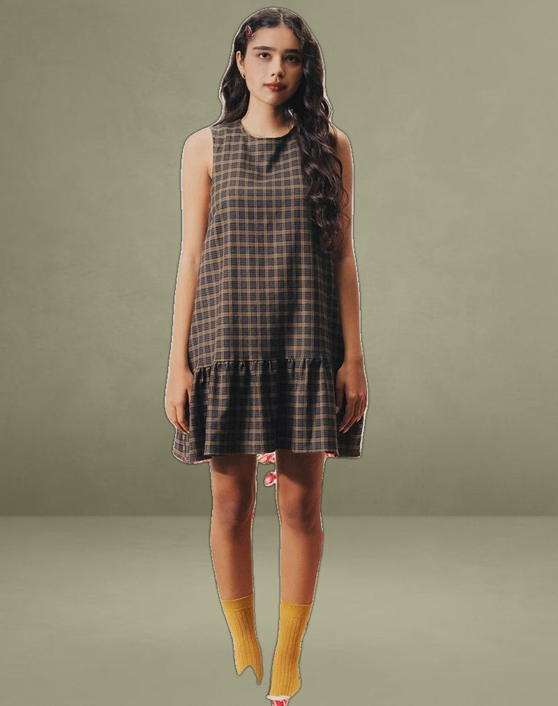 Samana Babydoll Mini Dress in Check Dark Brown