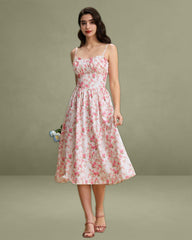 Pink Floral Sweetheart Neck Shirred Slip Midi Dress