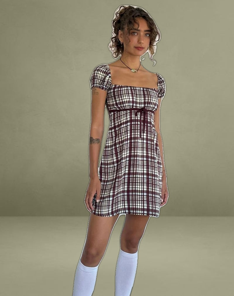 Savio Mini Dress in Multi Check Brown