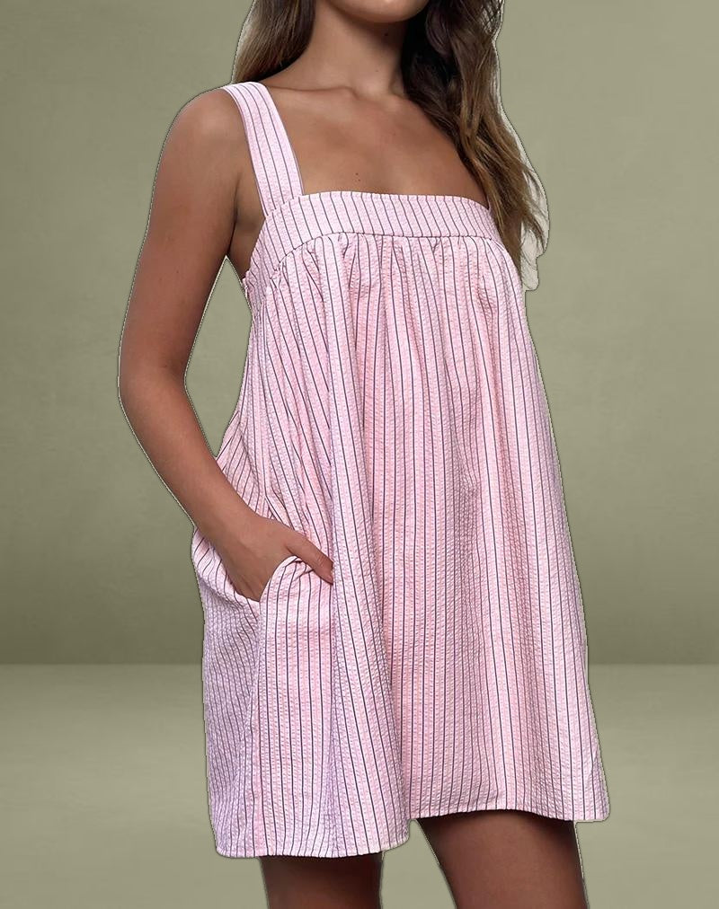 Sasori Smock Mini Dress in Pink Stripe