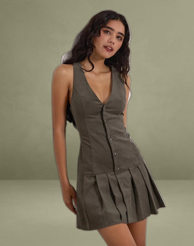 Starrin Button Mini Dress in Cord Brown