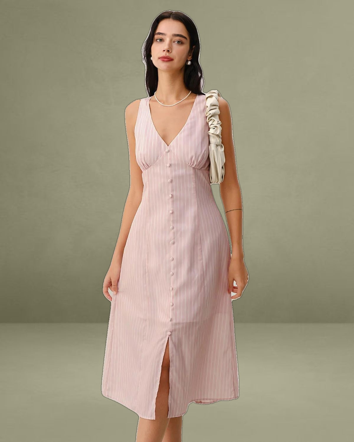 Pink Striped V Neck Sleeveless Midi Dress