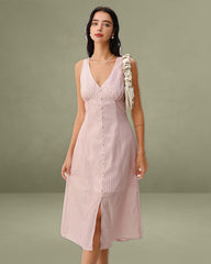 Pink Striped V Neck Sleeveless Midi Dress